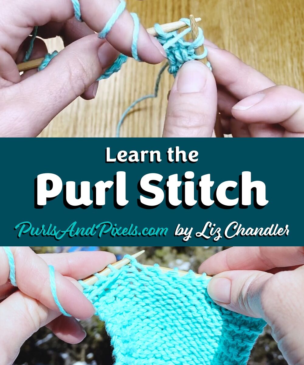 Learn to knit the purl stitch in this easy knitting lesson from Liz Chandler @PurlsAndPixels.