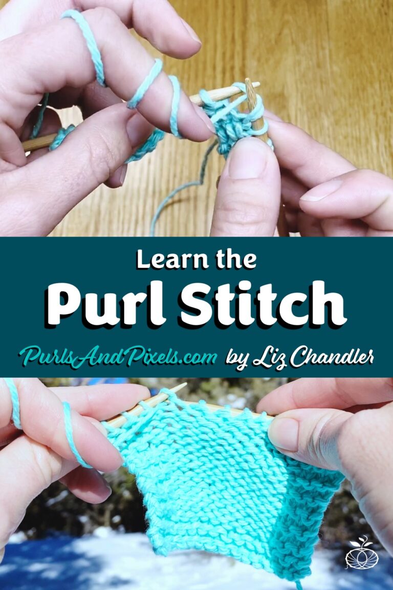 Learn to knit the purl stitch in this easy knitting lesson from Liz Chandler @PurlsAndPixels.