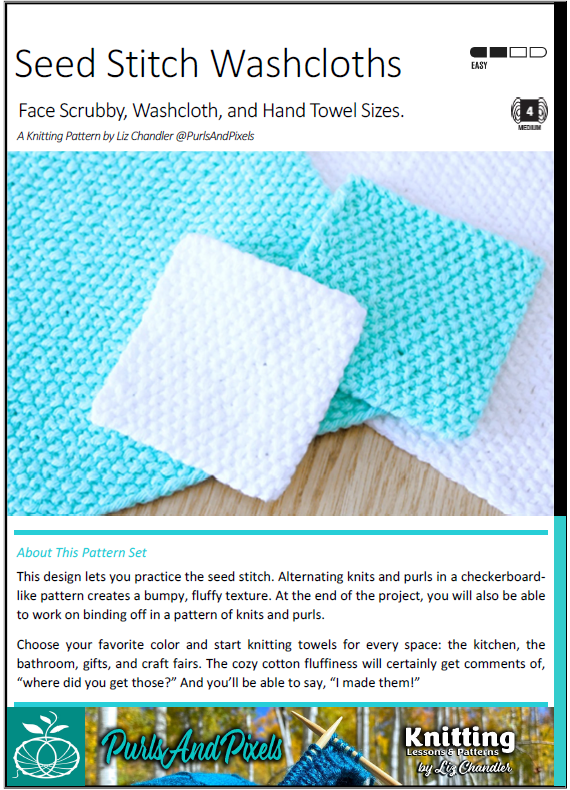 Seed Stitch Washcloth PDF knitting pattern in three sizes (scrubby, washcloth, and hand towel) using 100% cotton yarn, from Liz @PurlsAndPixels