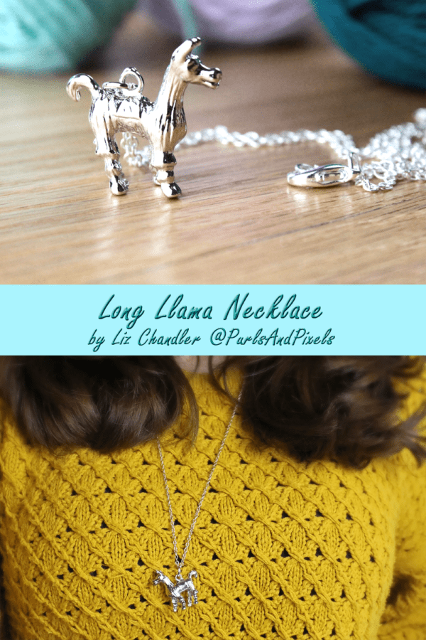 Llama necklace, silver 3d animal pendant on long chain with lobster claw clasp, designed by Liz @PurlsAndPixels