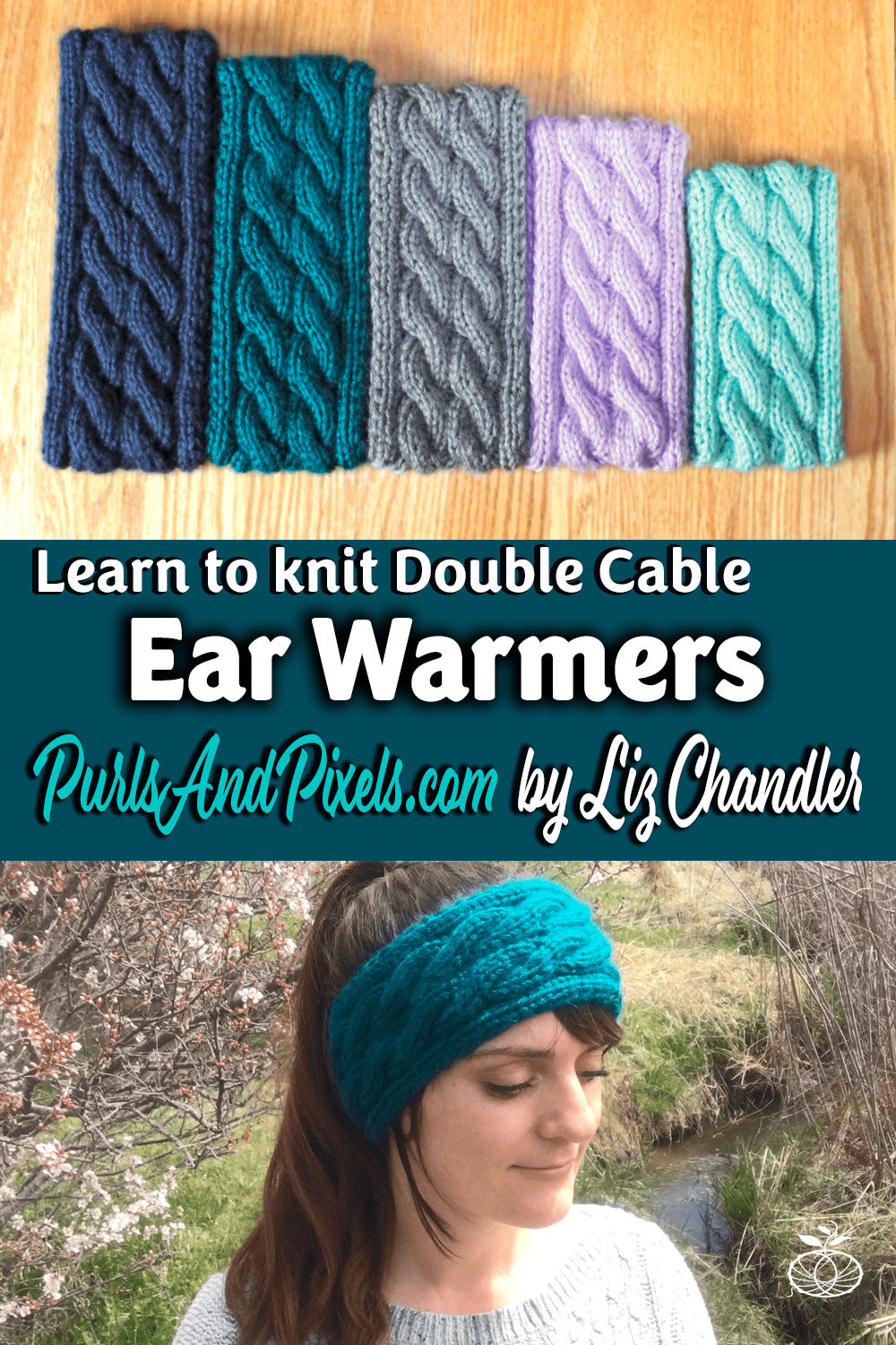 Double cable knit ear warmer headband knitting pattern by Liz @PurlsAndPixels