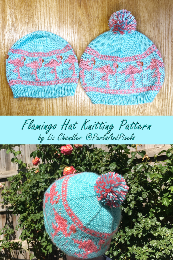 Pink flamingo pom-pom hat knitting pattern for child and adult sizes from Liz @PurlsAndPixels