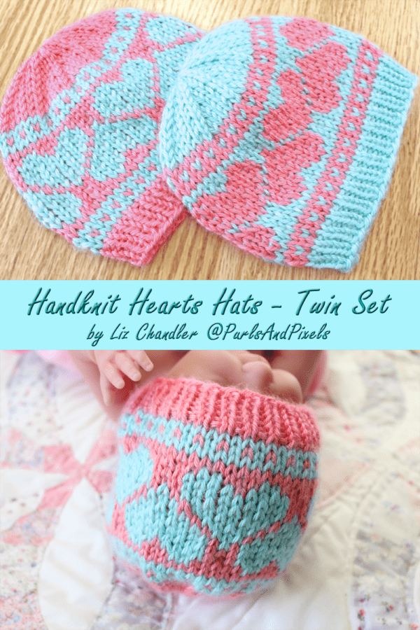 Handmade twin baby gift set of matching baby hats with heart design. Hand-knit by Liz @PurlsAndPixels.