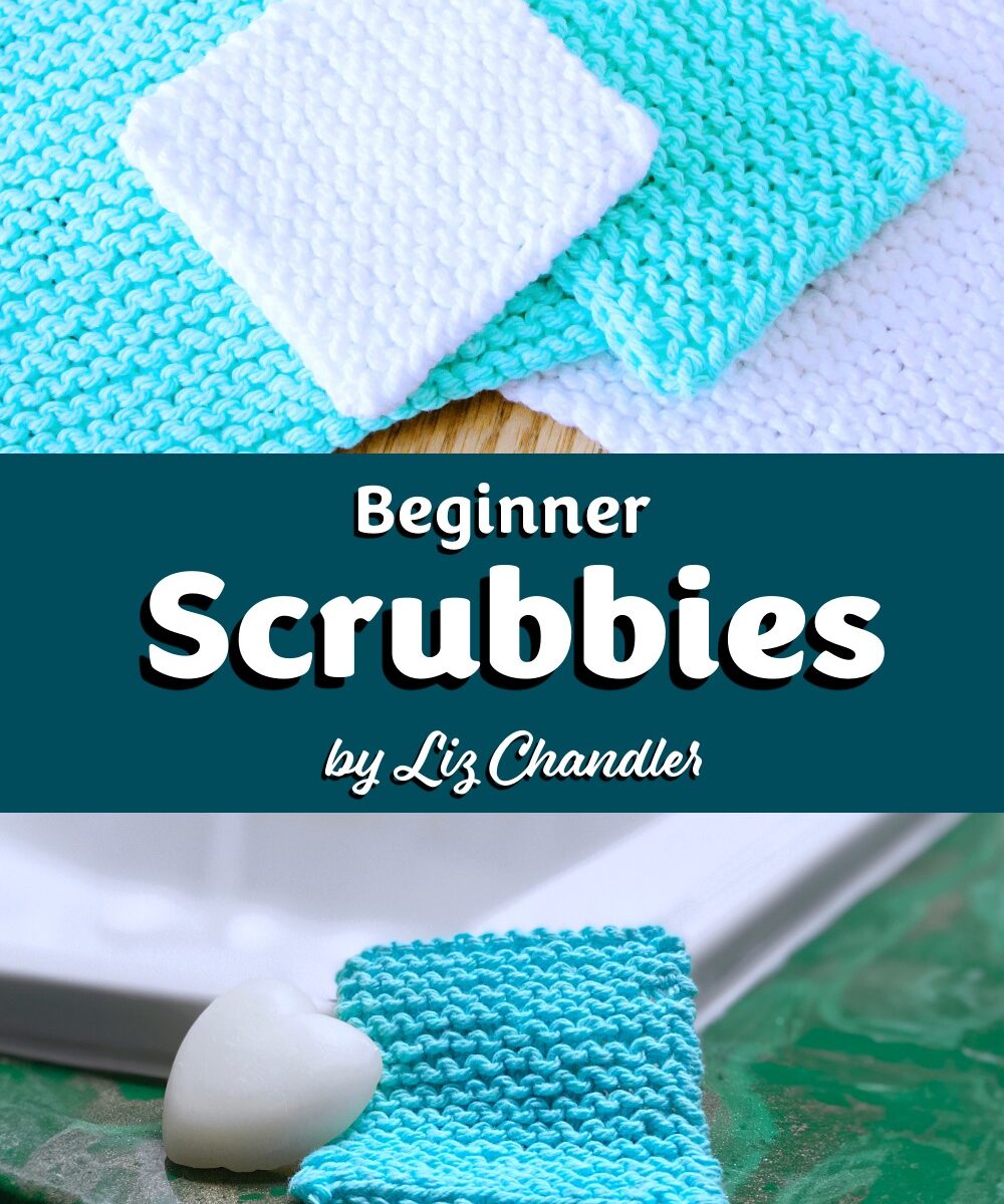 Finished knitted beginner face scrubbies in white and teal.