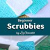 Finished knitted beginner face scrubbies in white and teal.