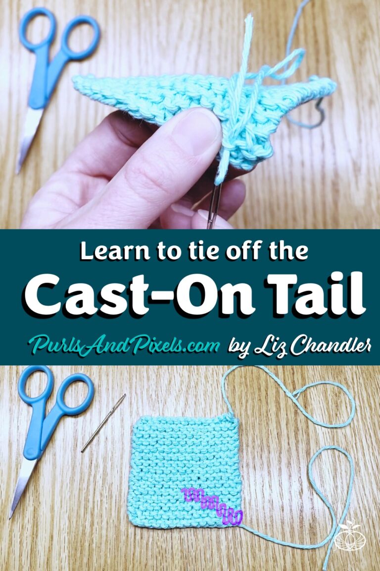 Learn to weave in loose ends and and tie up excess yarn tails - the bind off edge - a knitting lesson from Liz @PurlsAndPixels.
