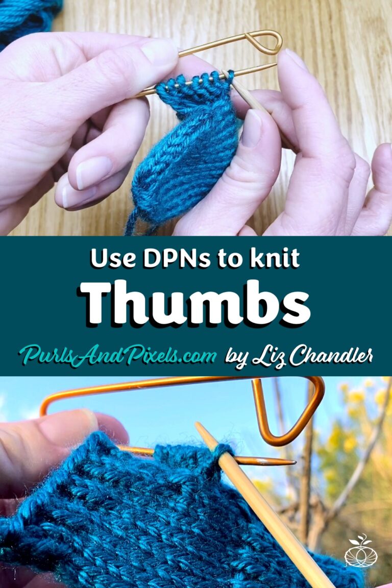 Learn to knit mitten thumbs off stitch holders with double point needles (DPNs) in this knitting lesson with Liz Chandler @PurlsAndPixels.