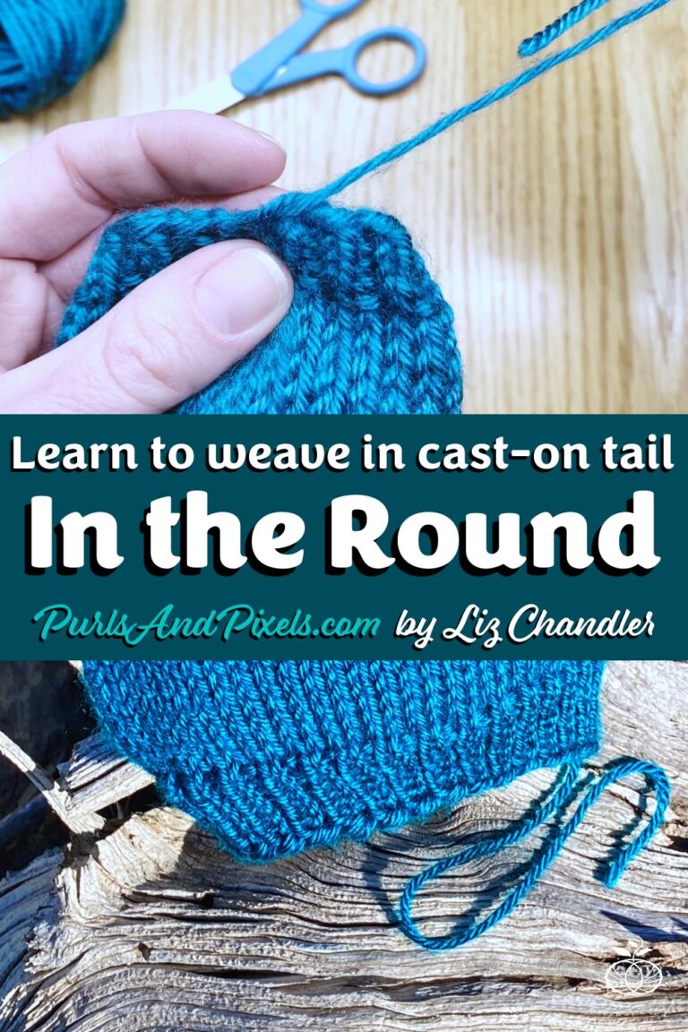 Learn to weave in the cast on tail to hide the jog at the beginning of knit rounds - a knitting lesson with Liz Chandler @PurlsAndPixels.