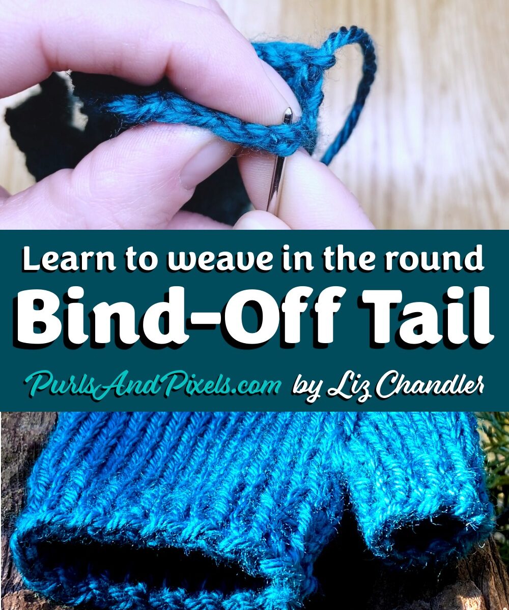 Learn to weave in the bind off tail on items you have knit in the round, such as fingerless gloves - a knitting lesson with Liz Chandler @PurlsAndPixels.