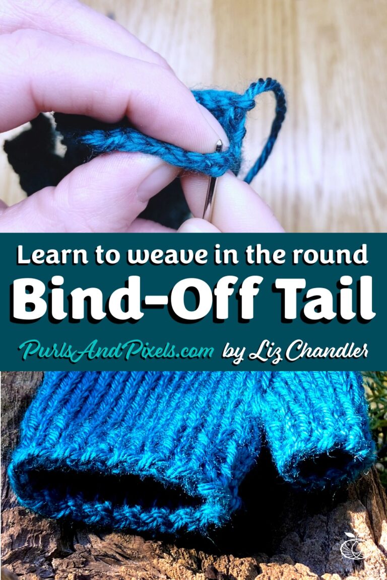 Learn to weave in the bind off tail on items you have knit in the round, such as fingerless gloves - a knitting lesson with Liz Chandler @PurlsAndPixels.