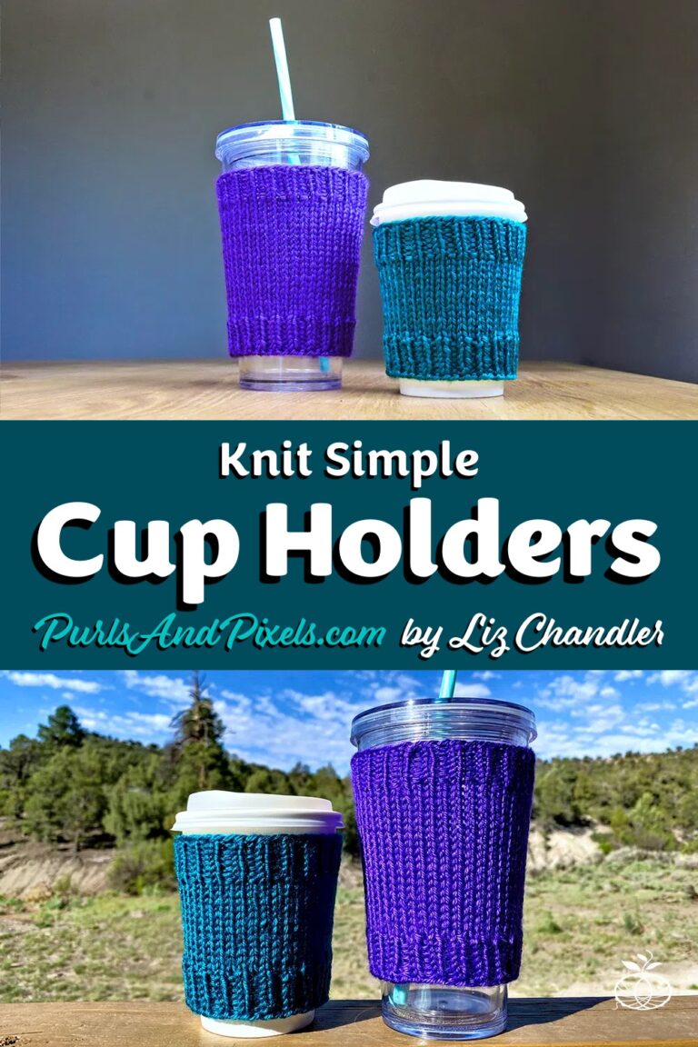 Learn to knit your own basic cup cozy with this free knitting pattern by Liz Chandler @PurlsAndPixels, now with DPN and Magic Loop instructions.