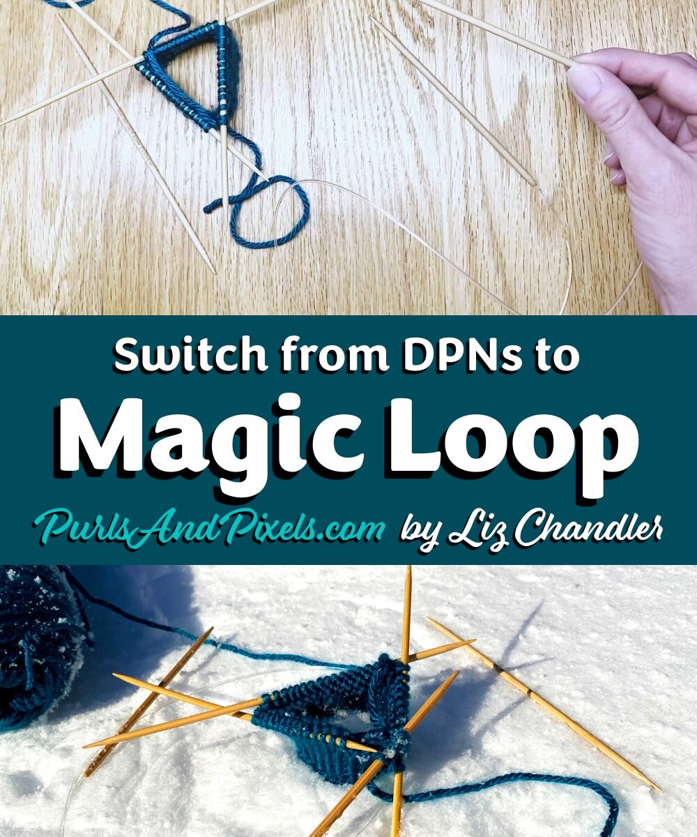 Learn to switch from knitting in the round with double point needles (DPNs) to knitting in the magic loop - a knitting lesson from Liz Chandler @PurlsAndPixels.