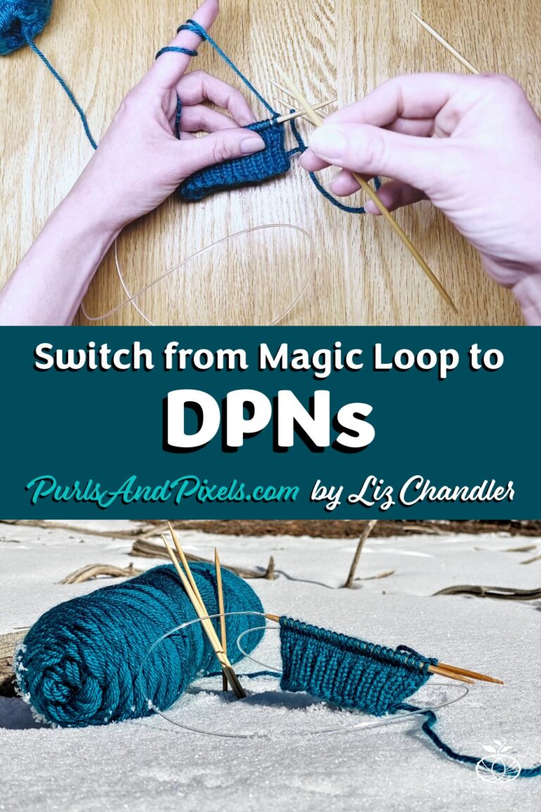 Learn to switch from knitting in the magic loop to knitting in the round on double point needles (DPNs) - a knitting lesson from Liz Chandler @PurlsAndPixels.