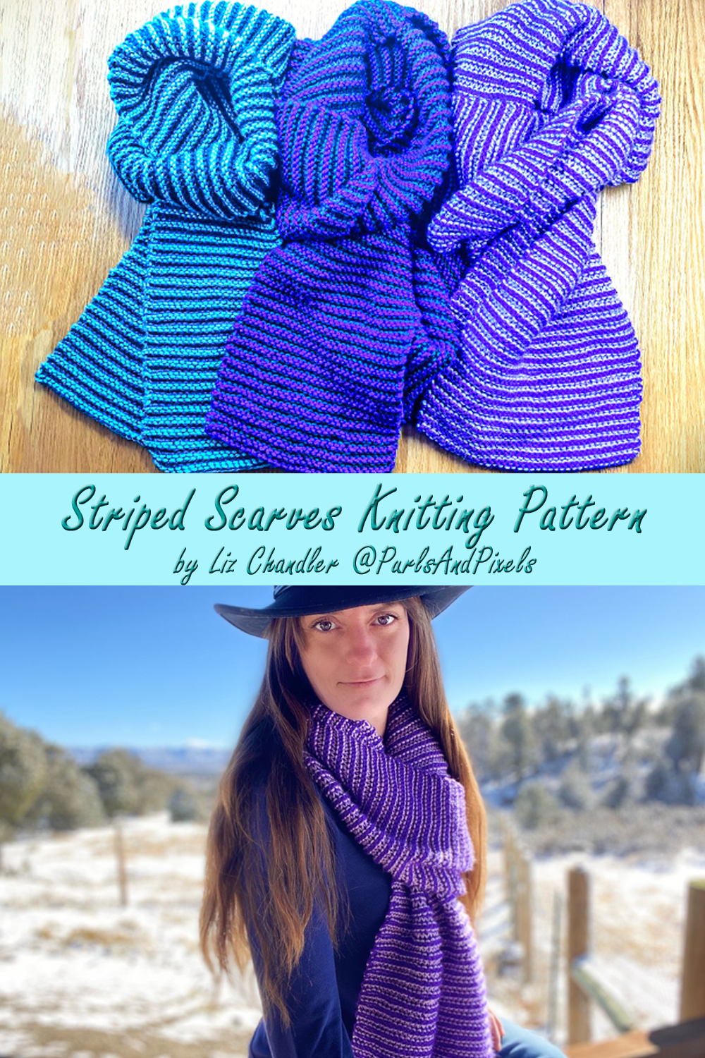 Learn to knit single-row striped scarves with two colors of yarn in this knitting pattern by Liz Chandler @PurlsAndPixels.