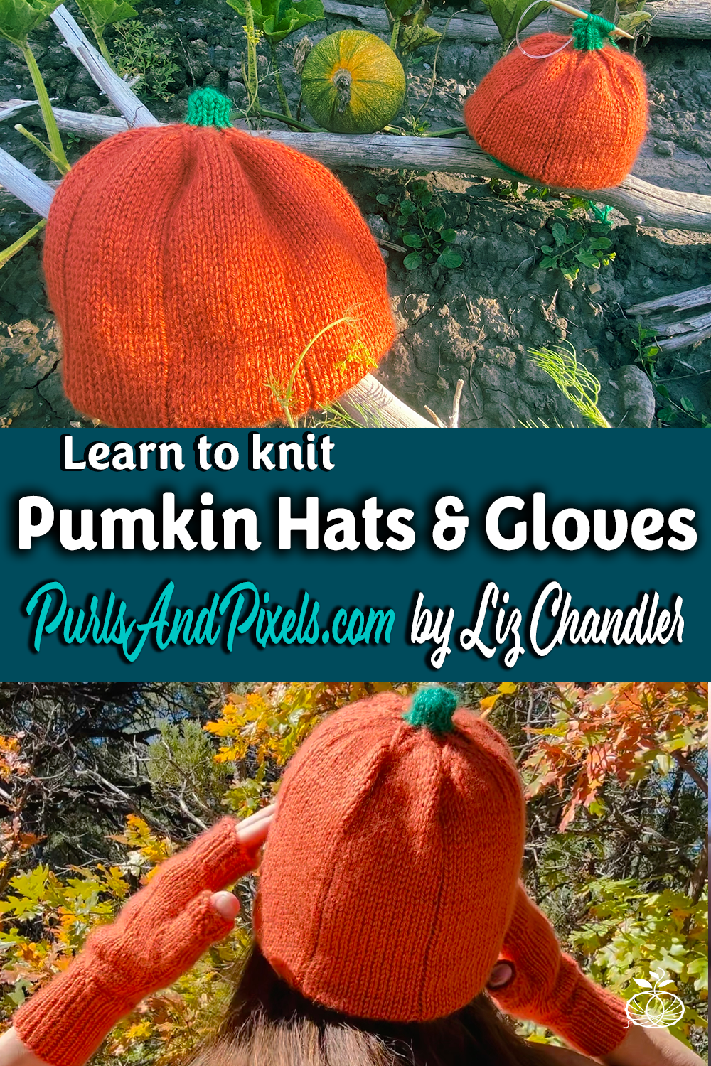 Pumpkin hat and gloves knitting pattern set by Liz Chandler @PurlsAndPixels.