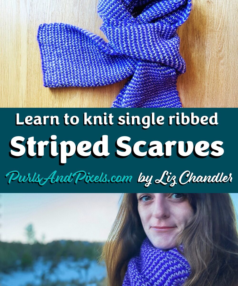 Learn to knit a ribbed striped scarf with this PDF knitting pattern by Liz Chandler @PurlsAndPixels.