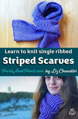 Learn to knit a ribbed striped scarf with this PDF knitting pattern by Liz Chandler @PurlsAndPixels.
