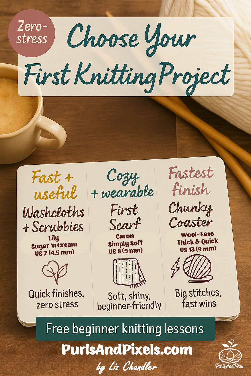 Choose your first knitting project and grab knitting supplies to learn to knit. Will it be a face scrubby washcloth, a scarf, or a chunky coaster? Pick one and start your free knitting lessons with Liz Chandler @PurlsAndPixels.