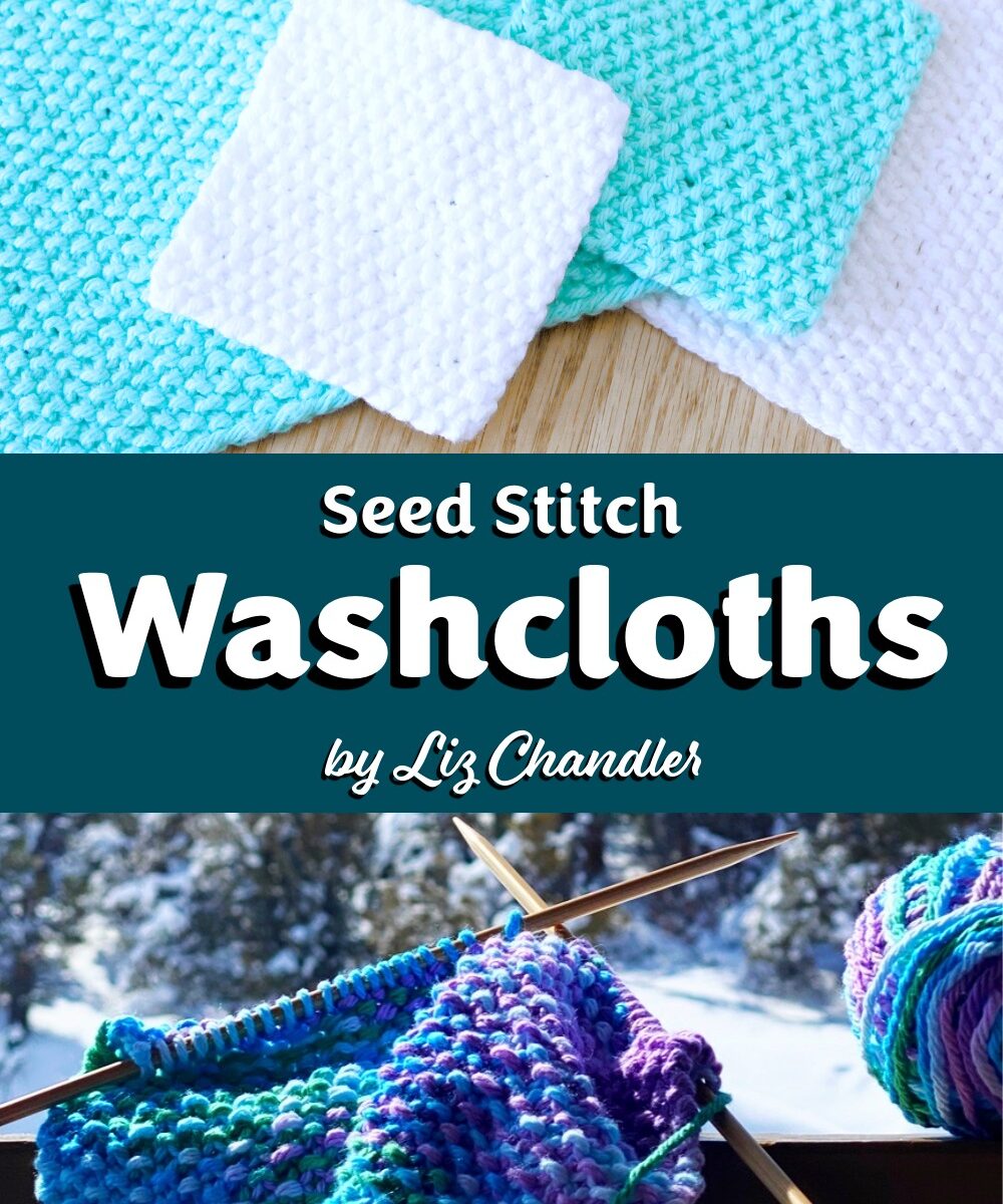 Finished knitted beginner seed stitch washcloths in white and teal made with the free pattern by Liz Chandler