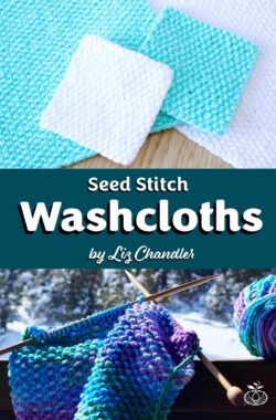 Finished knitted beginner seed stitch washcloths in white and teal made with the free pattern by Liz Chandler