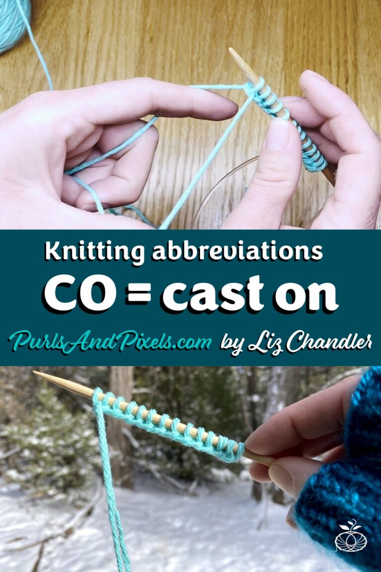 Knitting Abbreviations: CO = Cast On. Or can't overthink depending on your day. Find more knitting abbreviations from Liz Chandler @PurlsAndPixels.