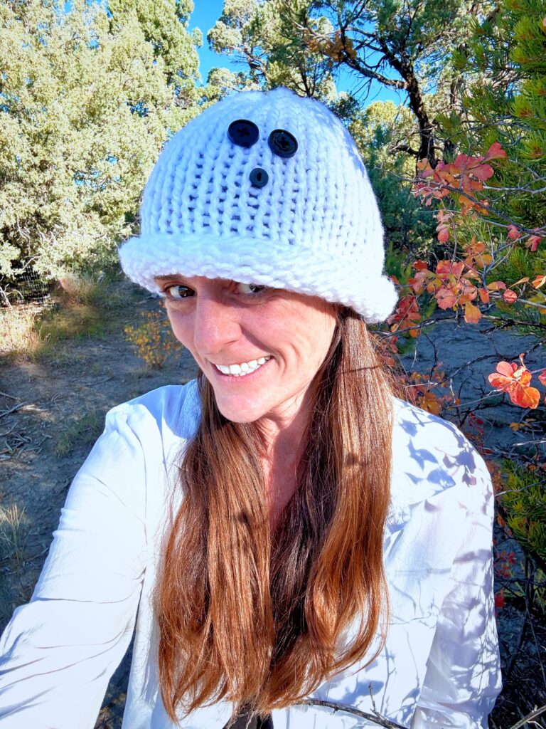 Liz Chandler's Fast & Easy Ghost Knit Hat PDF Knitting Pattern shown outside.