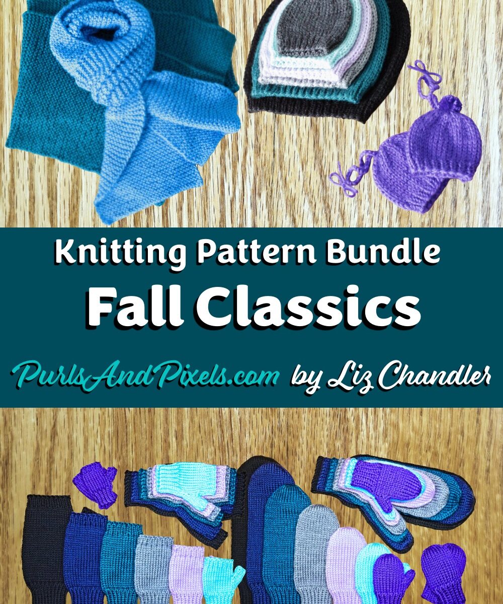 With the Fall Classics knitting pattern bundle, you can knit a scarf, hat, fingerless gloves, and mittens. Grab the set of 4 fall knitting pattern PDFs by Liz Chandler @PurlsAndPixels.