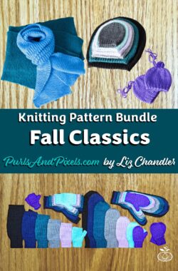 With the Fall Classics knitting pattern bundle, you can knit a scarf, hat, fingerless gloves, and mittens. Grab the set of 4 fall knitting pattern PDFs by Liz Chandler @PurlsAndPixels.