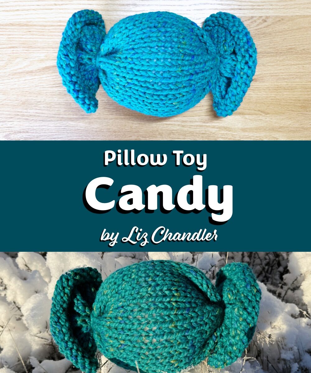 Knit candy pillow toys made with the PDF knitting pattern shown on natural surfaces.