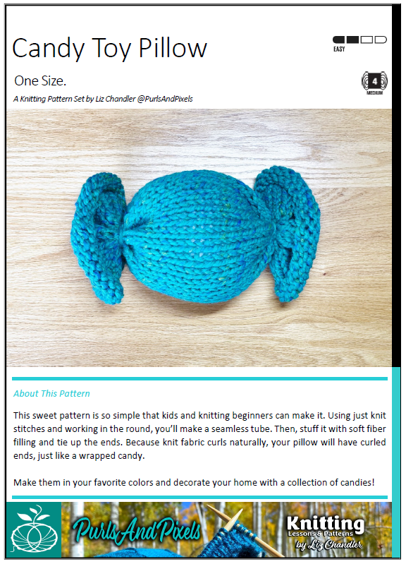 Beginner Super-Bulky Candy Pillow Toy Knitting Pattern PDF download cover page.