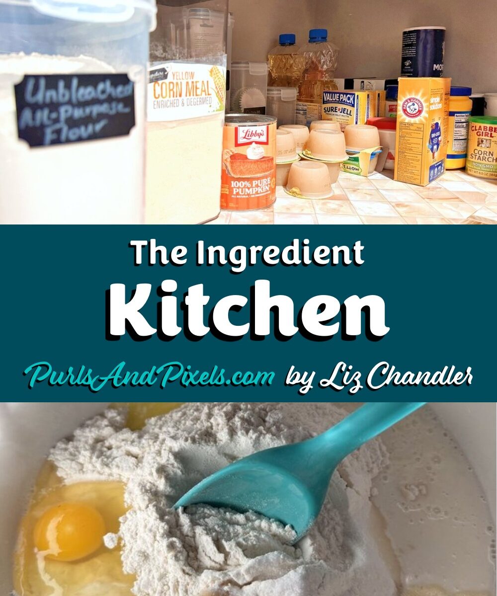 Pantry staples and basic cooking ingredients, including flour, eggs, and milk, used to cook from scratch.