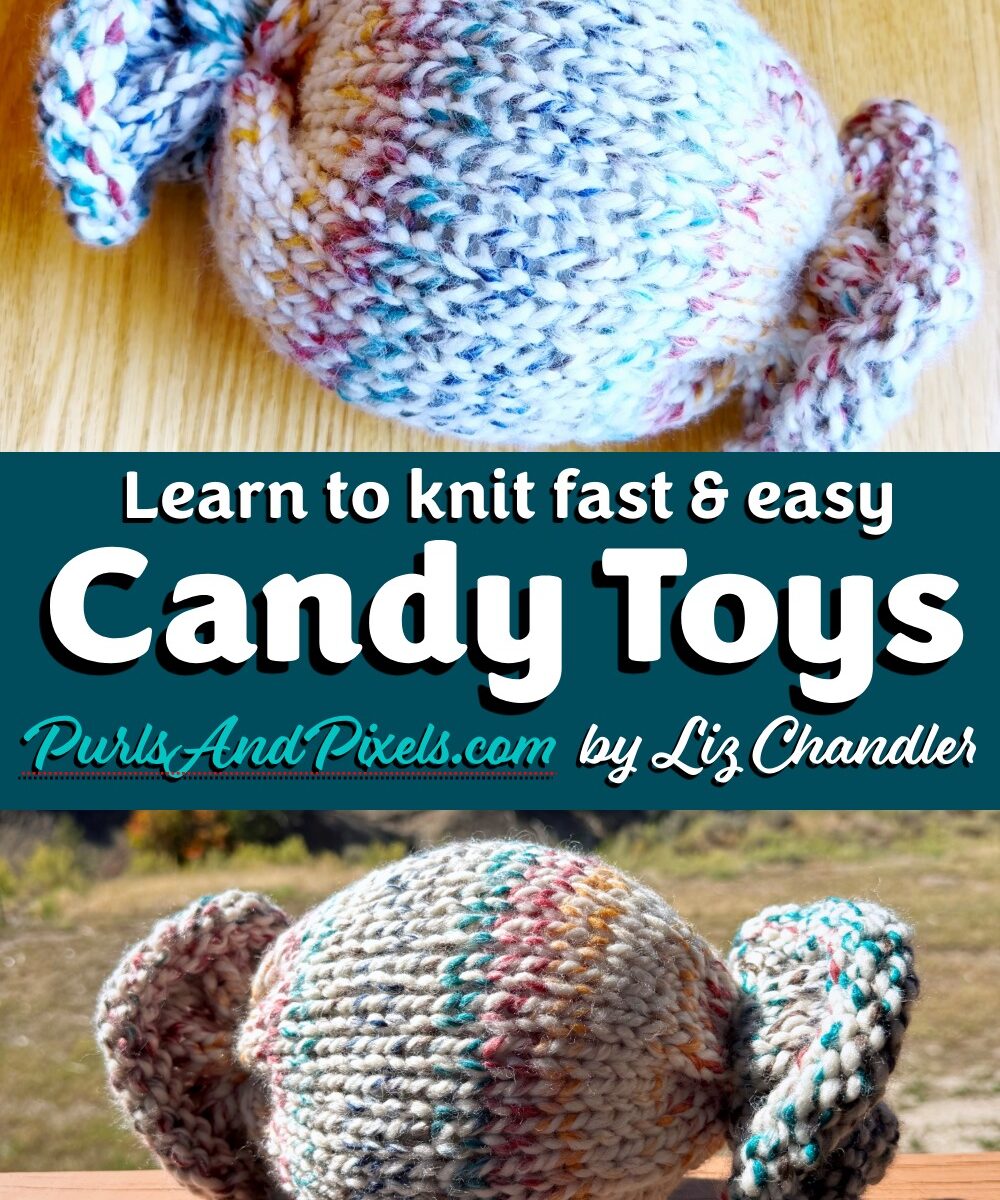 Even kids and beginners can knit this easy Candy Toy Pillow. Get the printable PDF knitting pattern from Liz Chandler @PurlsAndPixels.