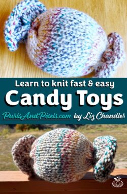 Even kids and beginners can knit this easy Candy Toy Pillow. Get the printable PDF knitting pattern from Liz Chandler @PurlsAndPixels.