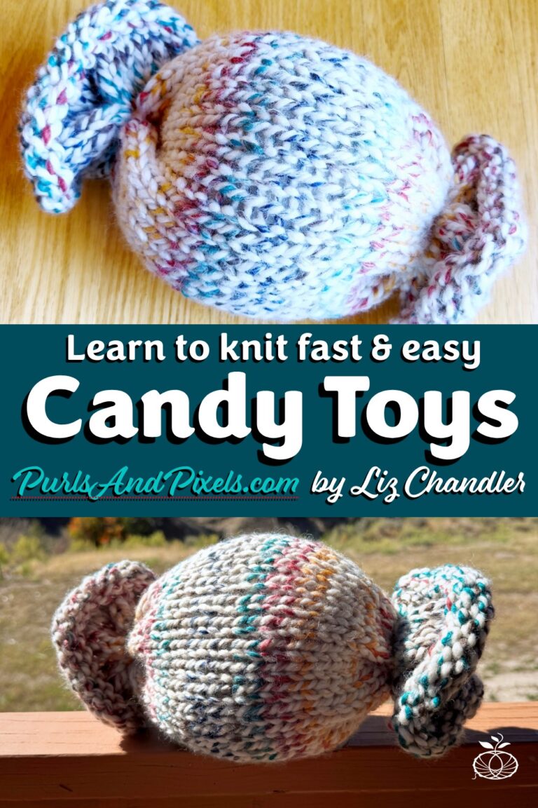 Even kids and beginners can knit this easy Candy Toy Pillow. Get the printable PDF knitting pattern from Liz Chandler @PurlsAndPixels.