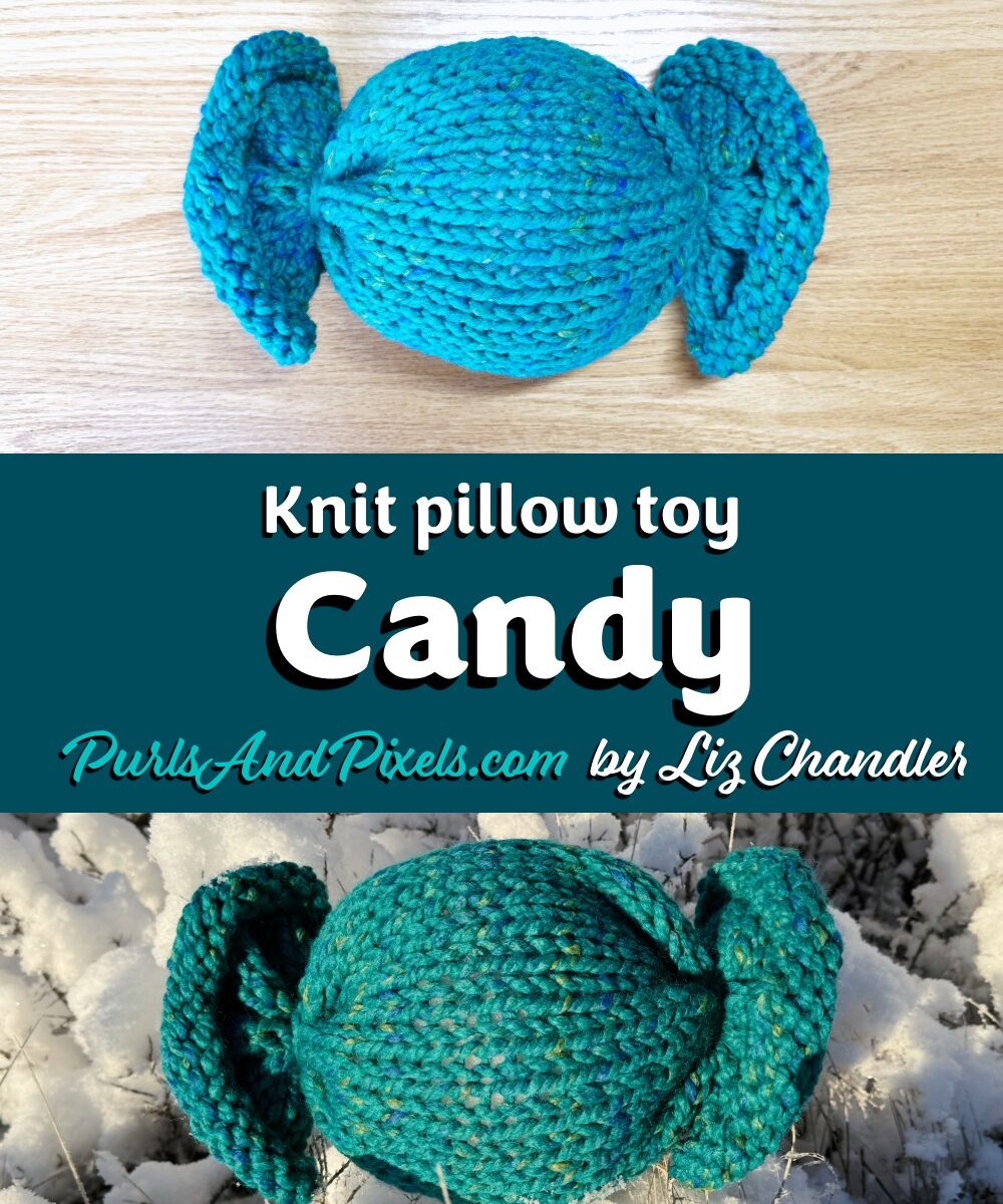 Knit candy pillow toys made with the free knitting pattern shown on natural surfaces.