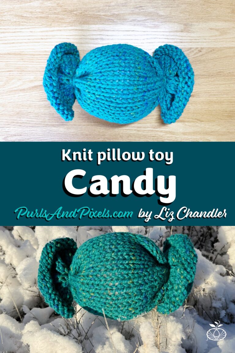 Knit candy pillow toys made with the free knitting pattern shown on natural surfaces.