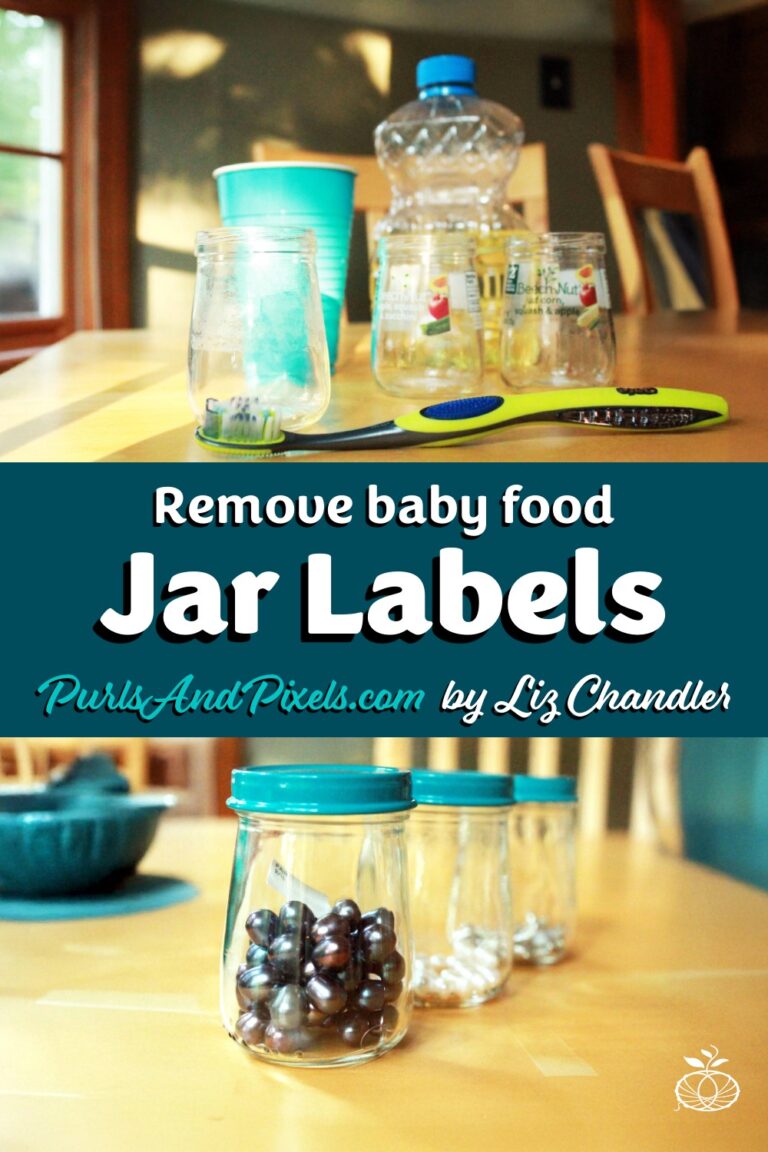 Learn how to remove baby food jar labels and sticky glue without chemicals in this guide from Liz Chandler at PurlsAndPixels.