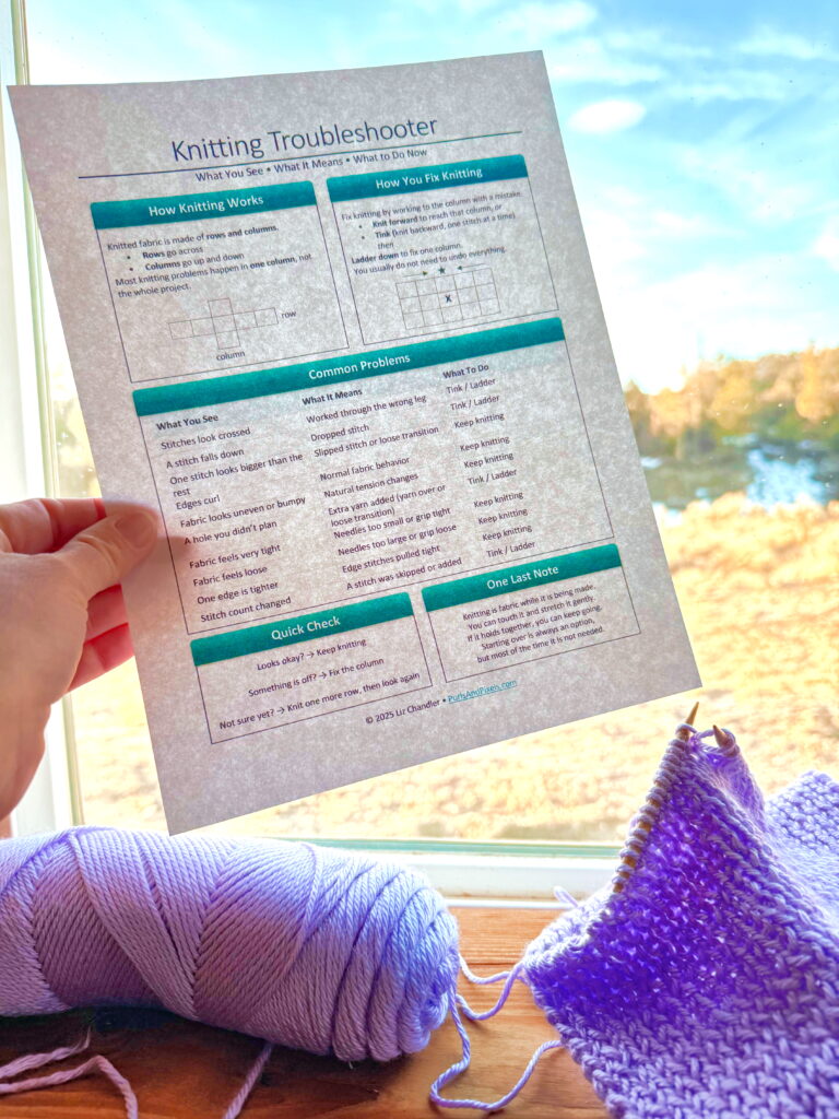 Printed copy of the PDF Knitting Troubleshooter in front of a window and winter mountain scene and a lavender knit scarf.