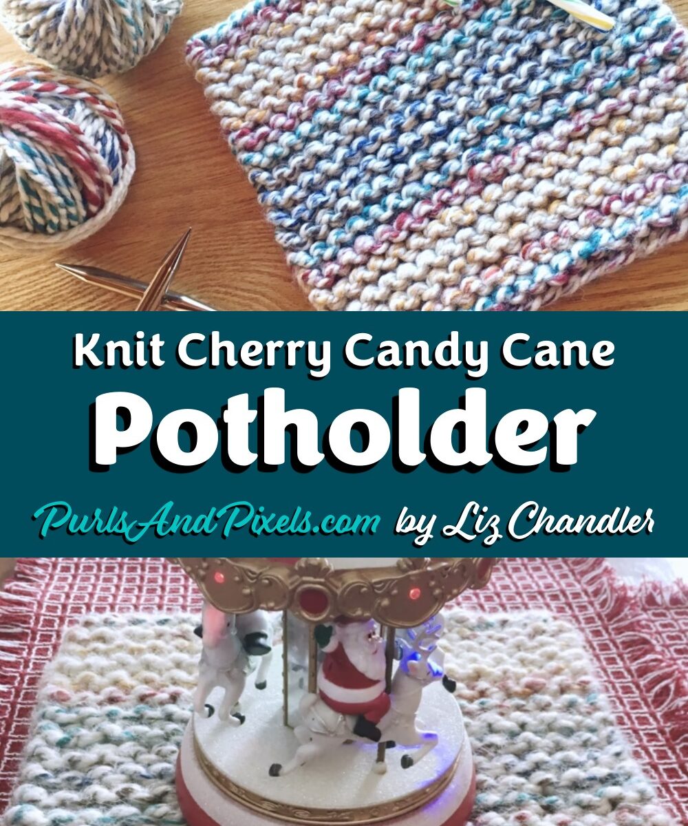 Easy cherry candy cane pot holder knitting pattern a quick holiday knitting project from Liz @PurlsAndPixels