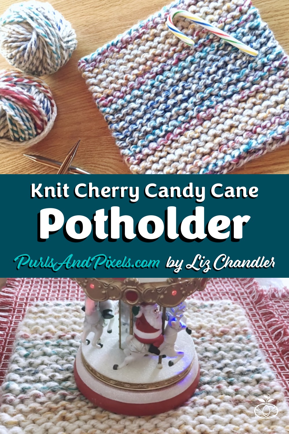 Easy cherry candy cane pot holder knitting pattern a quick holiday knitting project from Liz @PurlsAndPixels