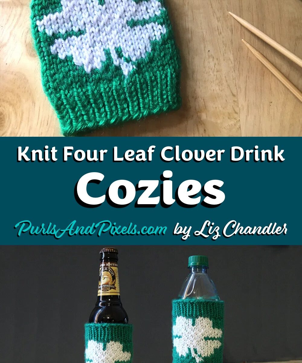 Lucky clover coffee cozy St. Patrick's Day free knitting pattern, design from Liz @PurlsAndPixels