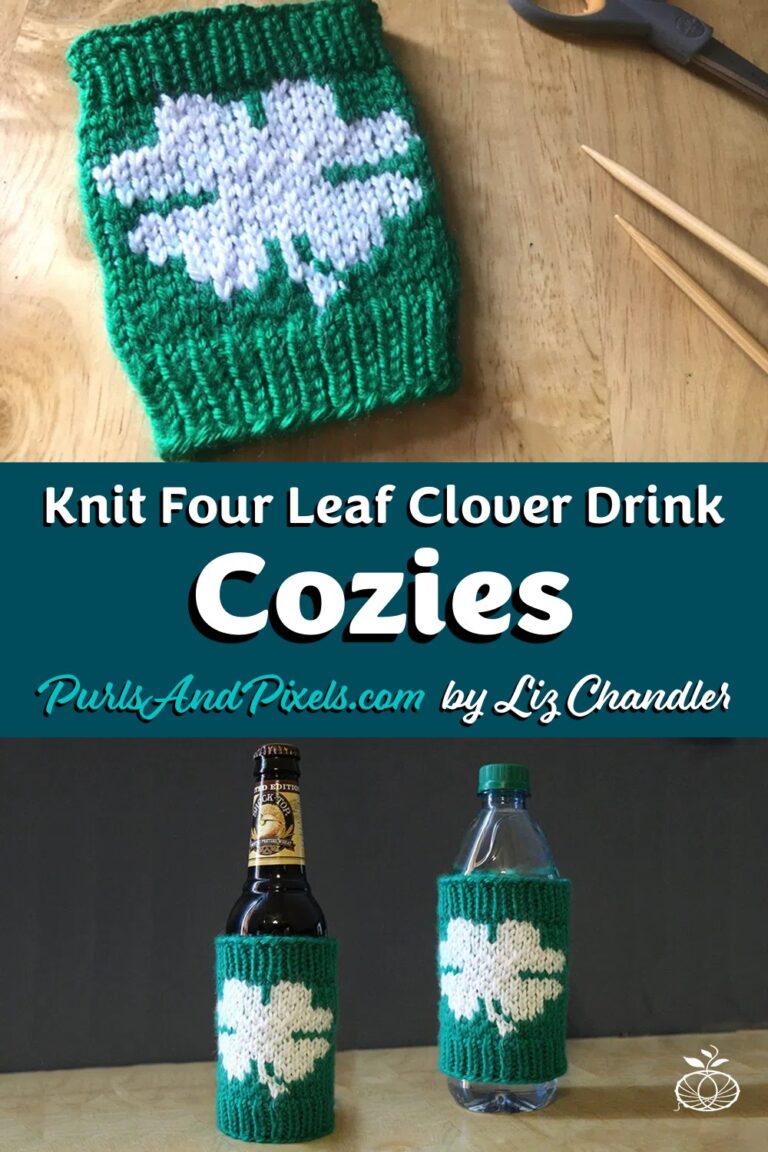 Lucky clover coffee cozy St. Patrick's Day free knitting pattern, design from Liz @PurlsAndPixels
