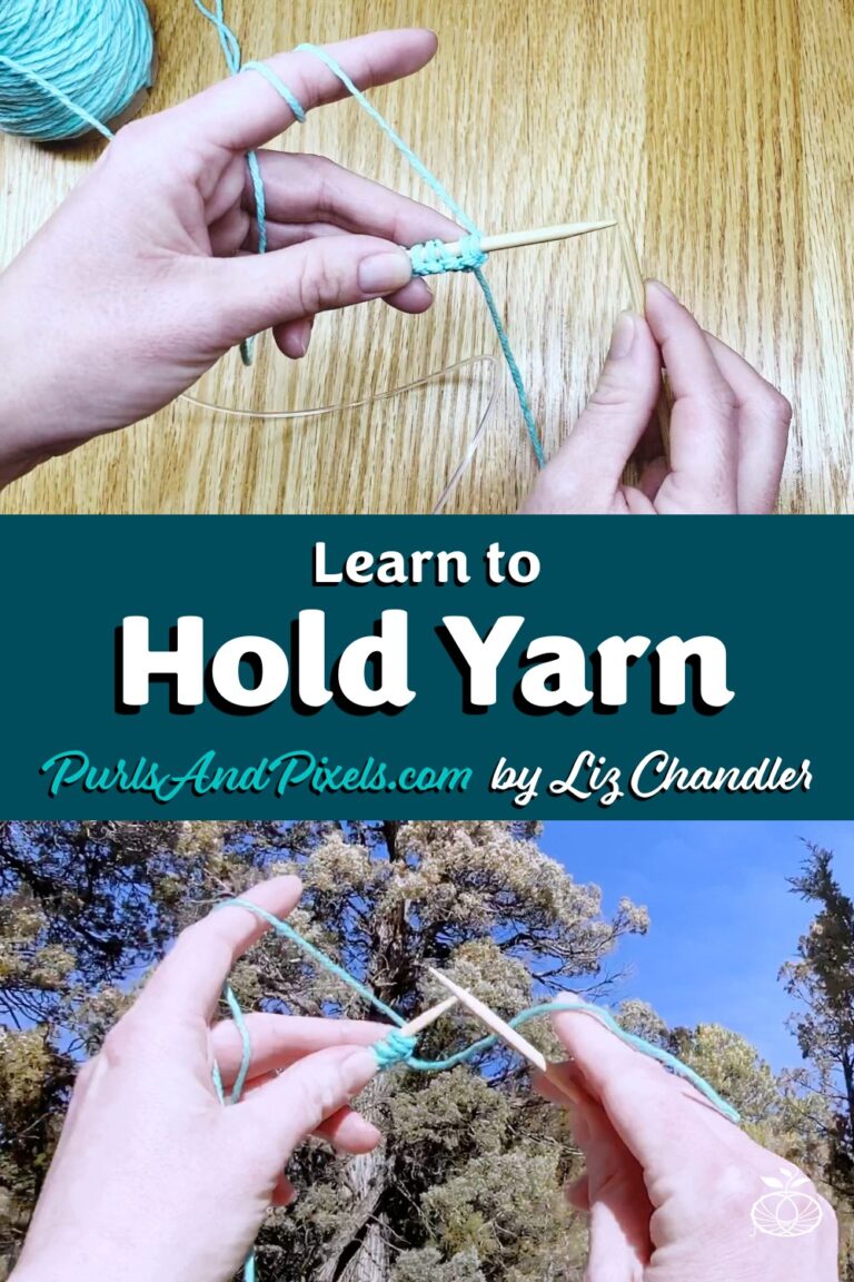 Learn three ways to hold your yarn when knitting to help you when you are learning to knit. Get the free lesson from Liz Chandler @PurlsAndPixels.