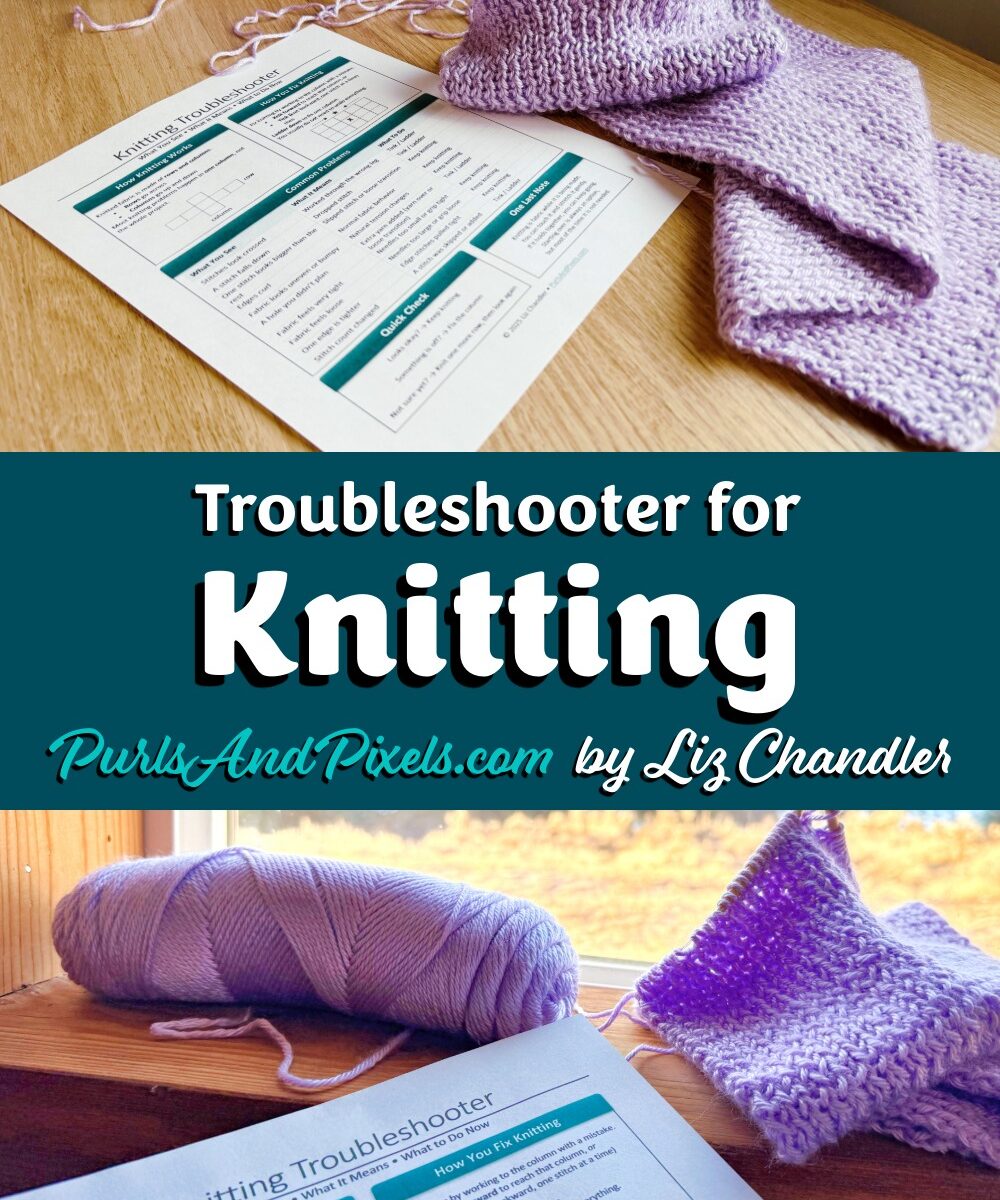 The Knitting Troubleshooter helps you fix knitting mistakes while you are working on a project. Print the PDF and keep int next to your knitting.