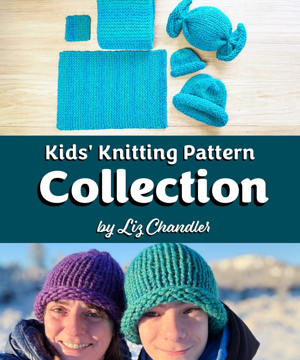 Five finished super-bulky knit projects from the Kids Knitting Pattern Collection, including a coaster, placemat, scarf, hat, and candy-shaped pillow.
