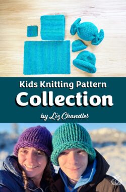 Five finished super-bulky knit projects from the Kids Knitting Pattern Collection, including a coaster, placemat, scarf, hat, and candy-shaped pillow.