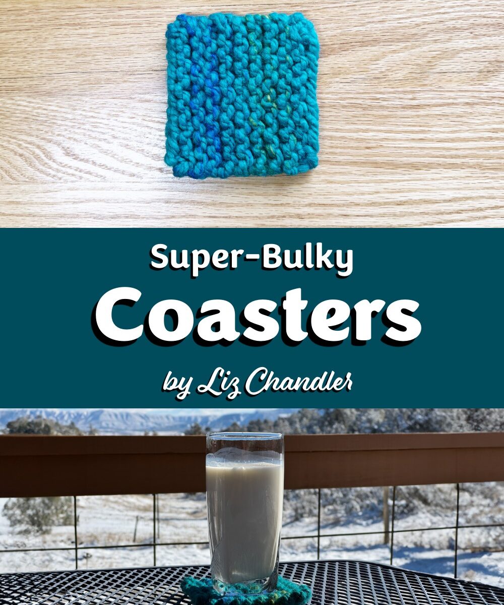 Completed super-bulky knit coaster made with teal yarn.