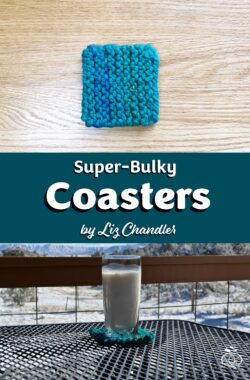 Completed super-bulky knit coaster made with teal yarn.