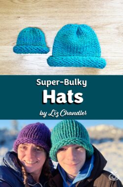 Super bulky knit hats made with the PDF knitting pattern, laid on a table and modeled on a child and adult.
