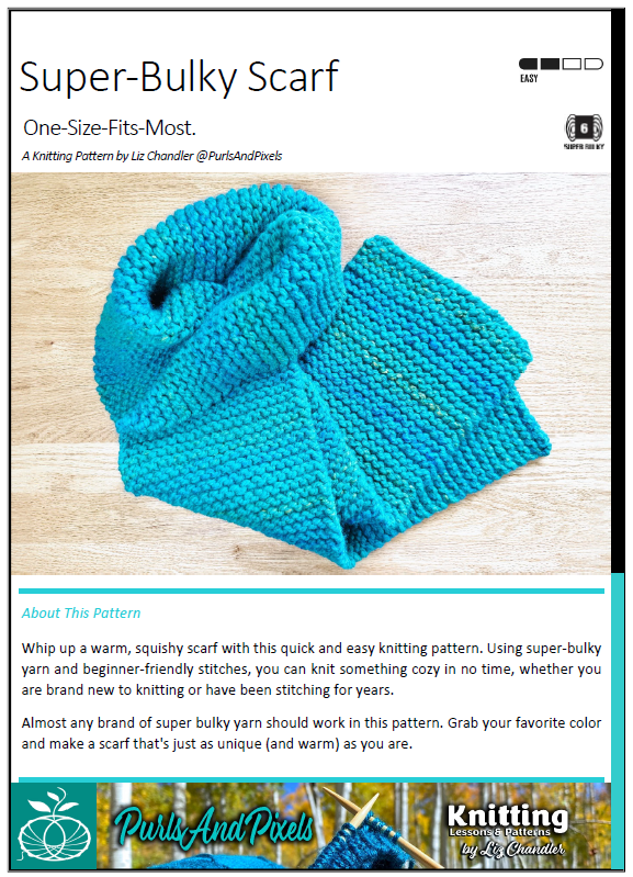 Cover of Super-Bulky Scarf knitting pattern PDF by Liz Chandler